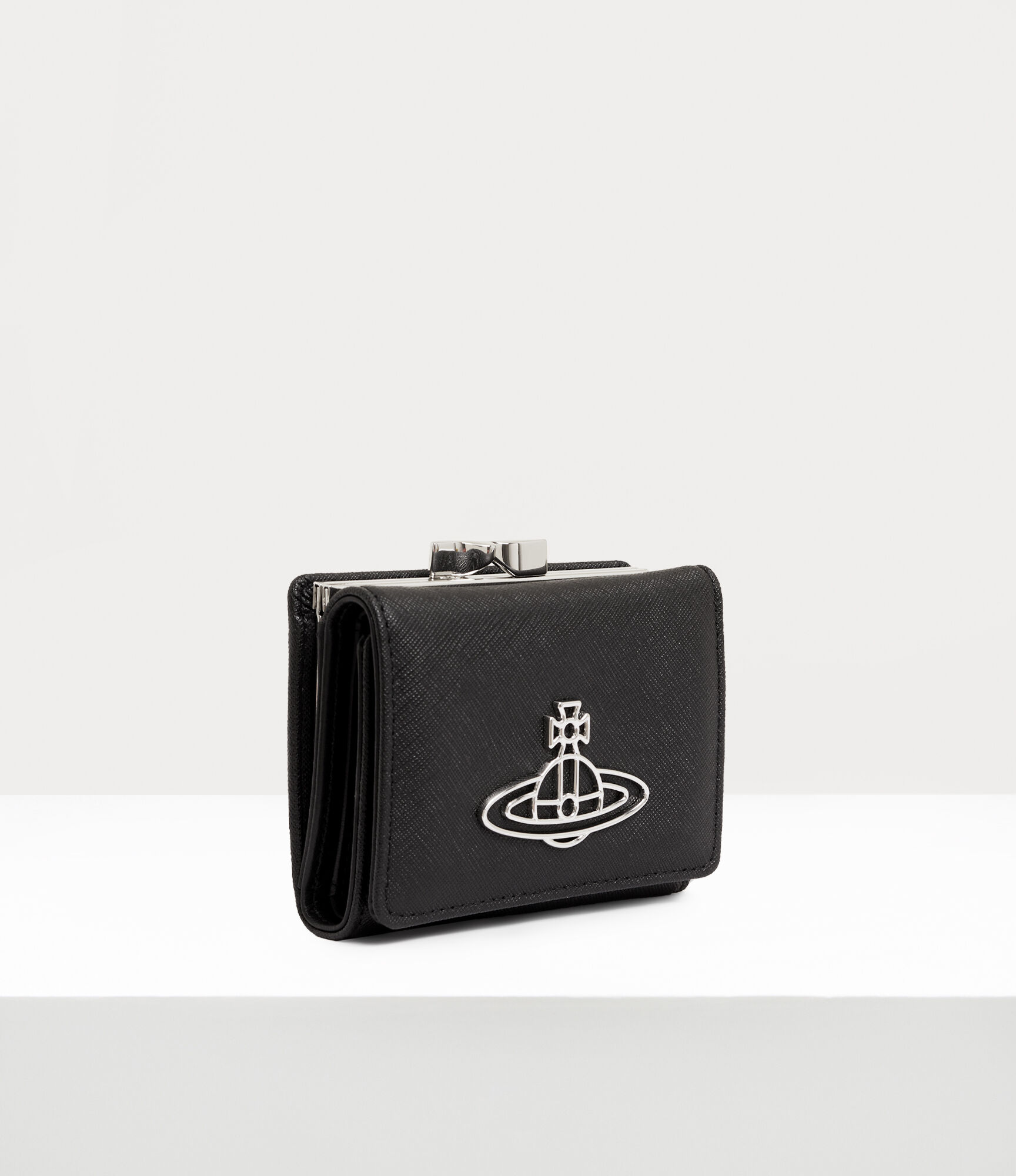 Saffiano Thin Line Small Frame Wallet in black | Vivienne Westwood®